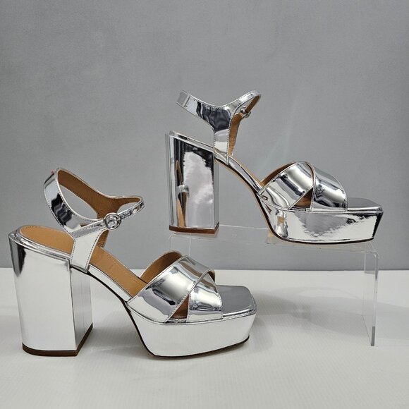 Aeyde Platform Block Heel Sandal Women EU 39 Metallic Silver Leather Ankle Strap - Picture 4 of 16